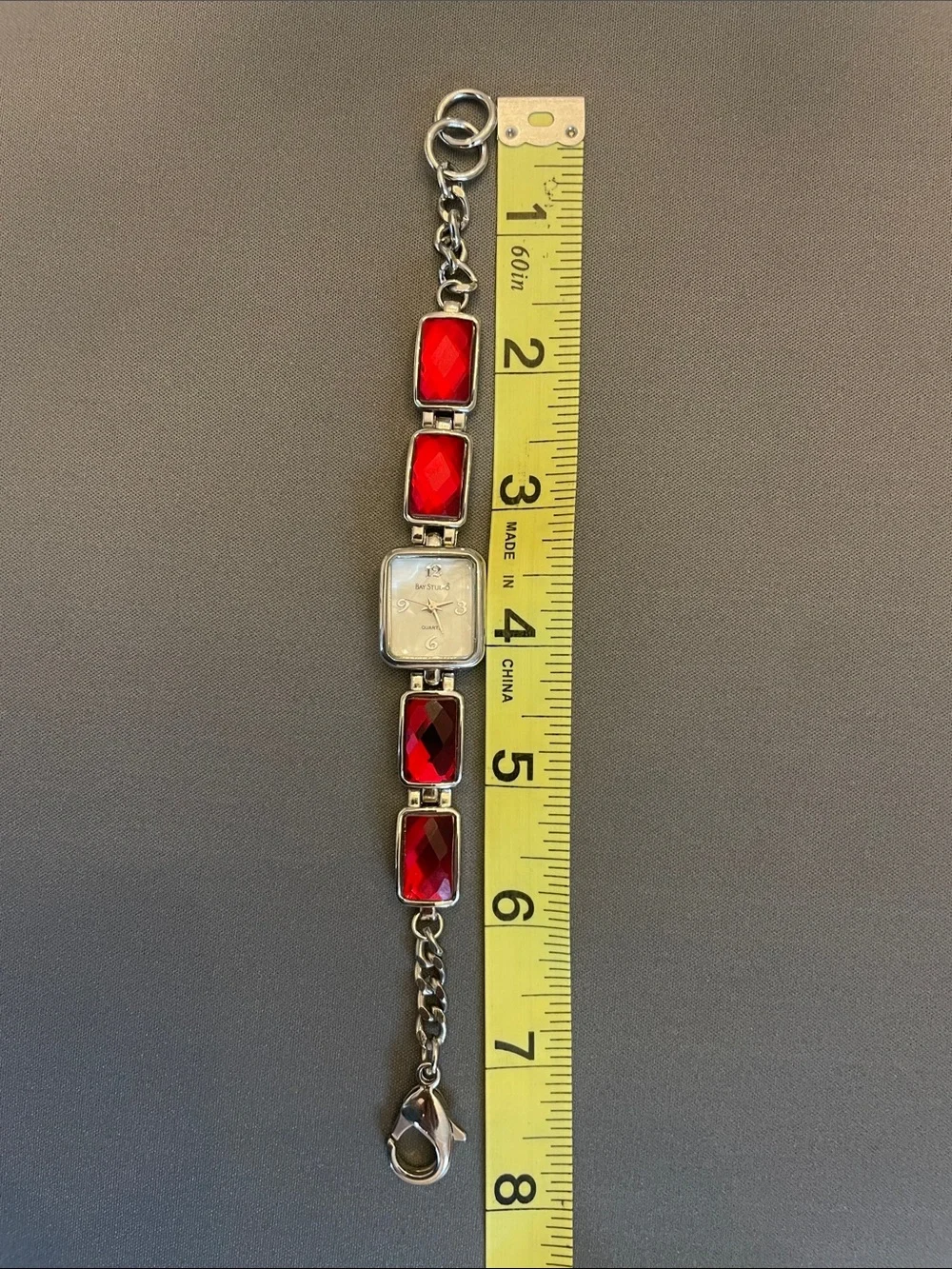 Vintage Bay Studio Silver-Tone Bracelet Watch with Red Faceted Stones